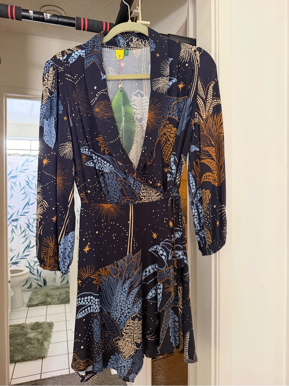 FARM Rio Navy Wrap Dress with Blue and Tan Botanical Print